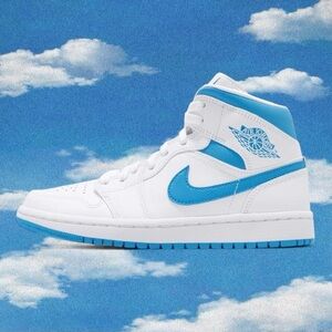 UNC Air Jordan 1 Mid in White and Dark Powder Blue